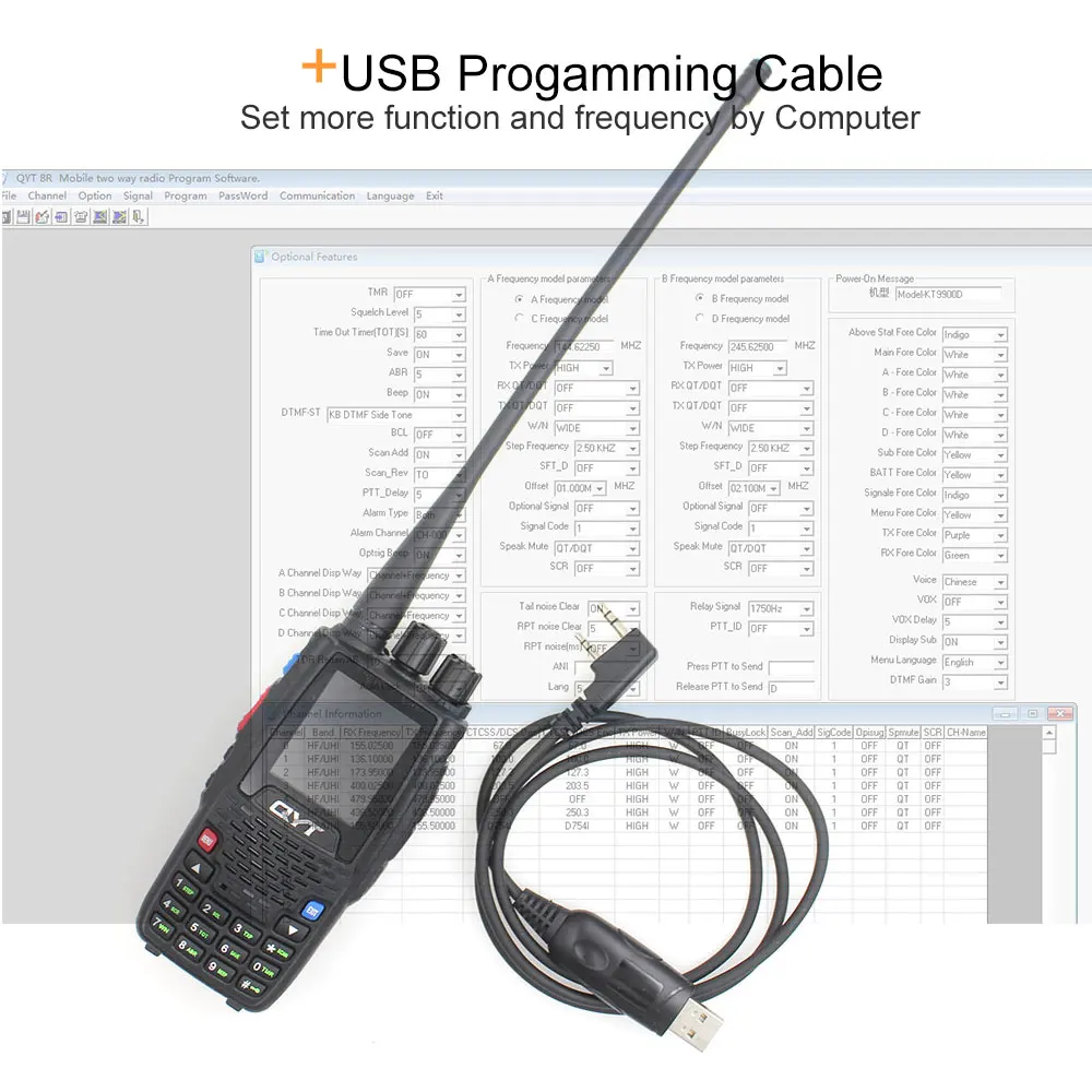 QYT KT-8R Quad Band handheld radio 136-174MHz 220-260MHz 400-480MHz 350-390MHz KT8RTwo way radio with program cable - Цвет: KT-8R-USB