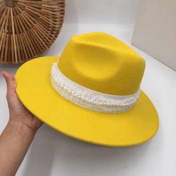 

New winter wool hat Sir Female han edition pearl lace elegant wide-brim hats socialite party tide yellow fedora