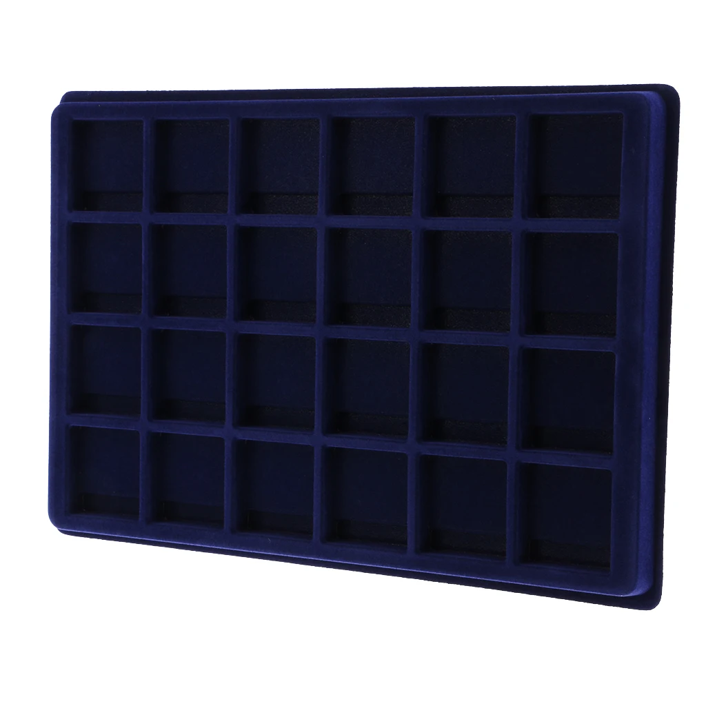 24 Grid Velvet Frame Coin/Jewelry Display Tray Box for Exhibition Hall -Blue