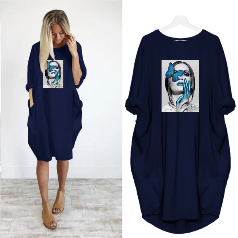 Plus Size Nordic Art Dress Butterfly Girl Cool Women Midi Dresses O-Neck Autumn Thin Long Sleeve Pockets Loose Party Vestidos