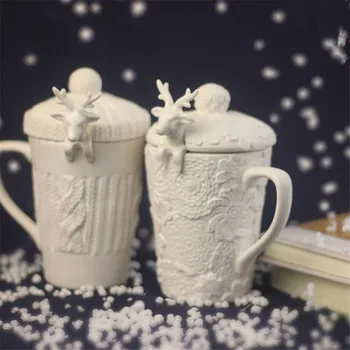 

For Christmas 3D Amimal Couples Cups with Lid Cute Milu Deer Coffee Cup Milk Cups Snow Ceramic Breakfast Creative Xmas Gift