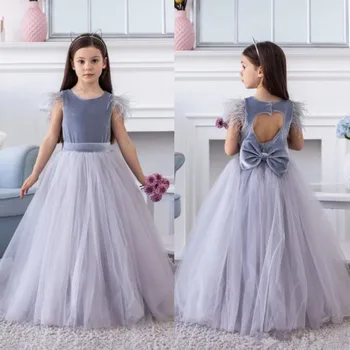 

Cheap Elegant Princess Dress with Feathers Keyhole Back Custom Made Flower Girl Dress For Special Occasion Robe de Fiesta Longo