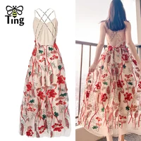 Tingfly-Vestidos largos de fiesta sensual, diseño elegante de lujo, sin espalda, correa de cruz, bordado de flores, Vestido bohemio de verano