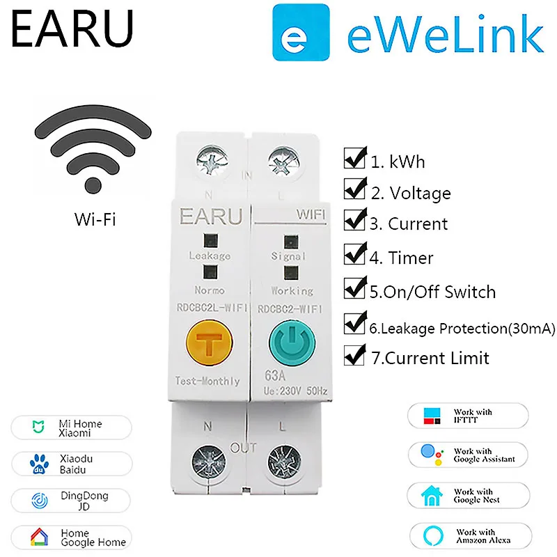 2P WIFI Circuit Breaker Energy Power kWh Meter Time Timer Switch Relay Voltmeter Current Leakage Protection RCCB RCBO Limitter