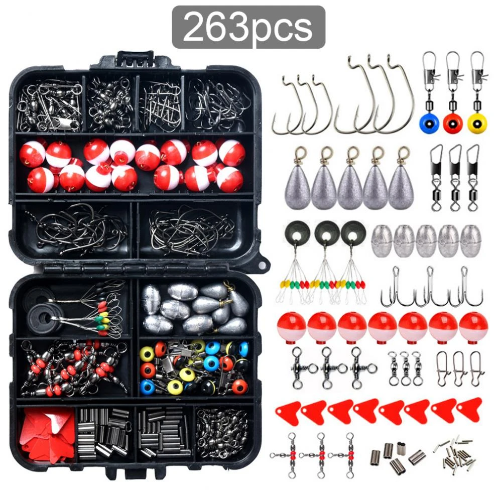 Kit de accesorios para flotador de pesca en el mar, para pesca en roca, incluye anzuelos triples de manivela, cuentas manguitos de prensado de plomo, 263 de instrumentos de