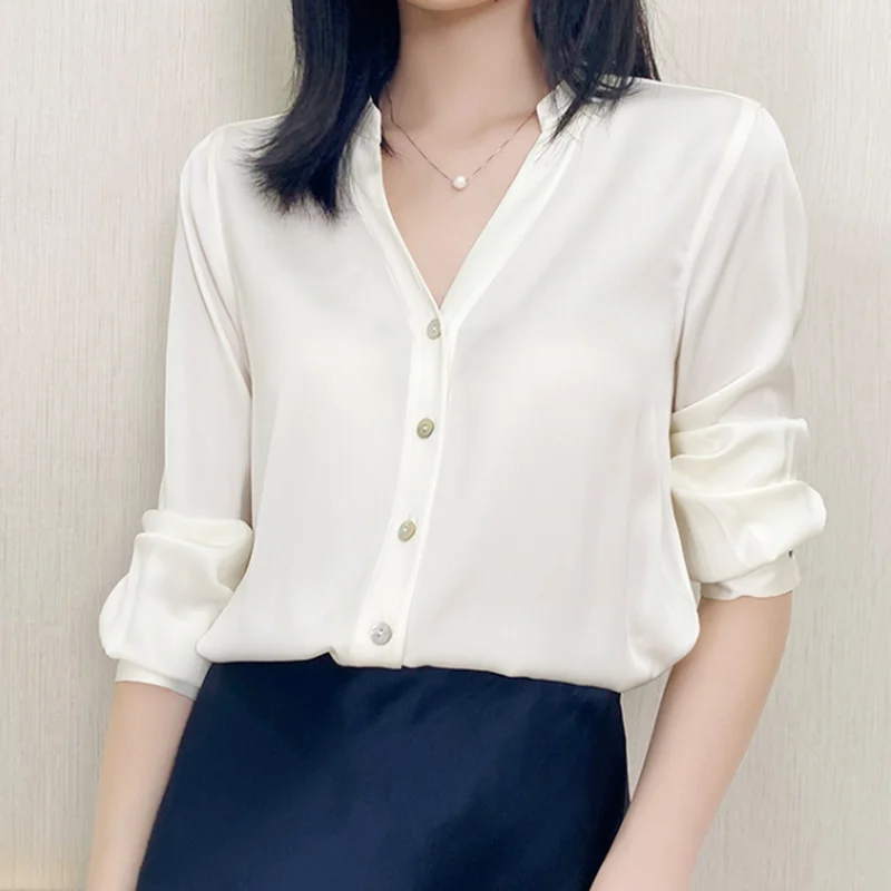 

Long Sleeve Women Shirt and Blouses Long Sleeve Button Satin Silk Women's Blouse V-neck Solid Shirt Female Clothing Blusas 17804
