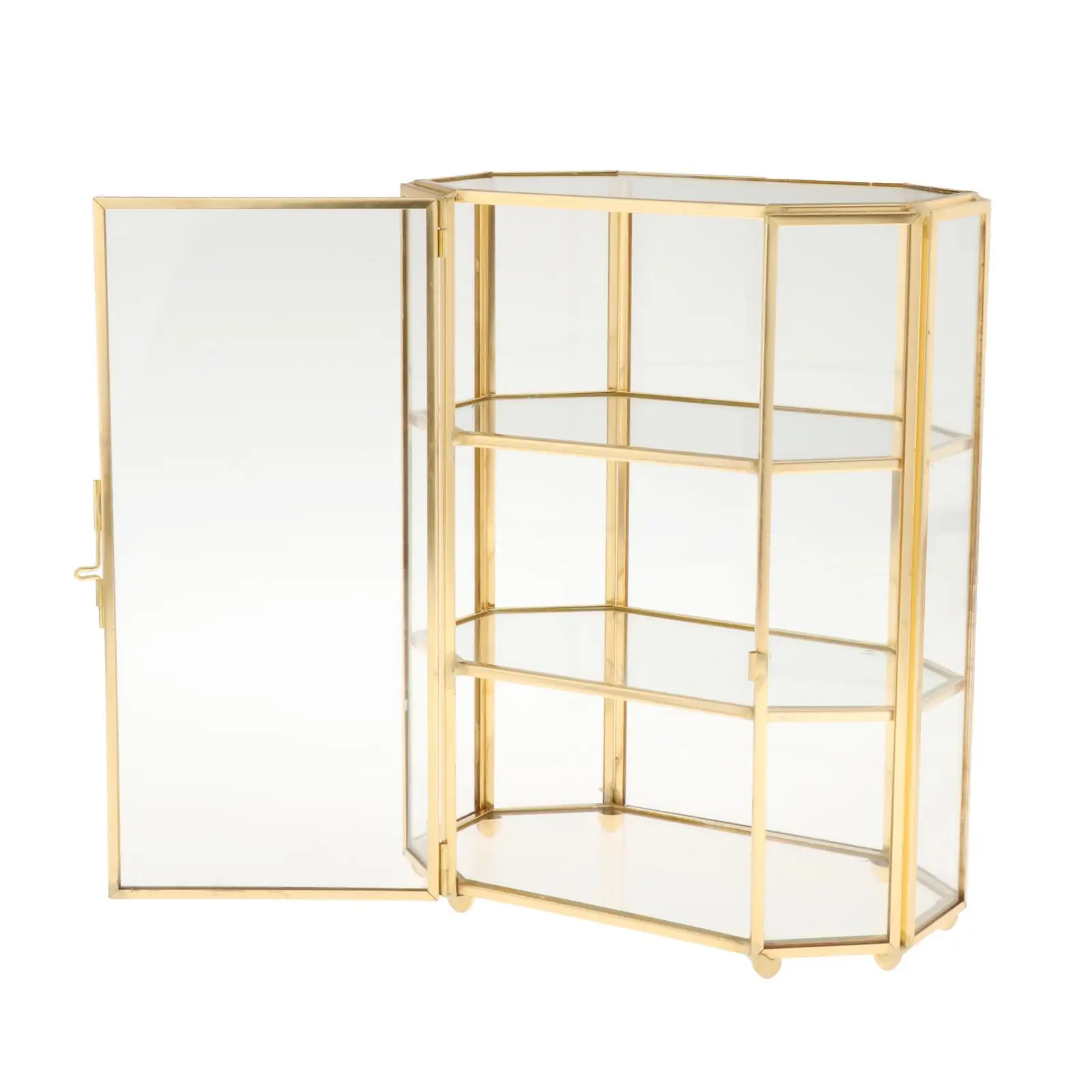Vintage Golden Glass Box, Clear Glass Metal Storage Jewelry Organizer Open Front Display,  Shape with 3 Tier