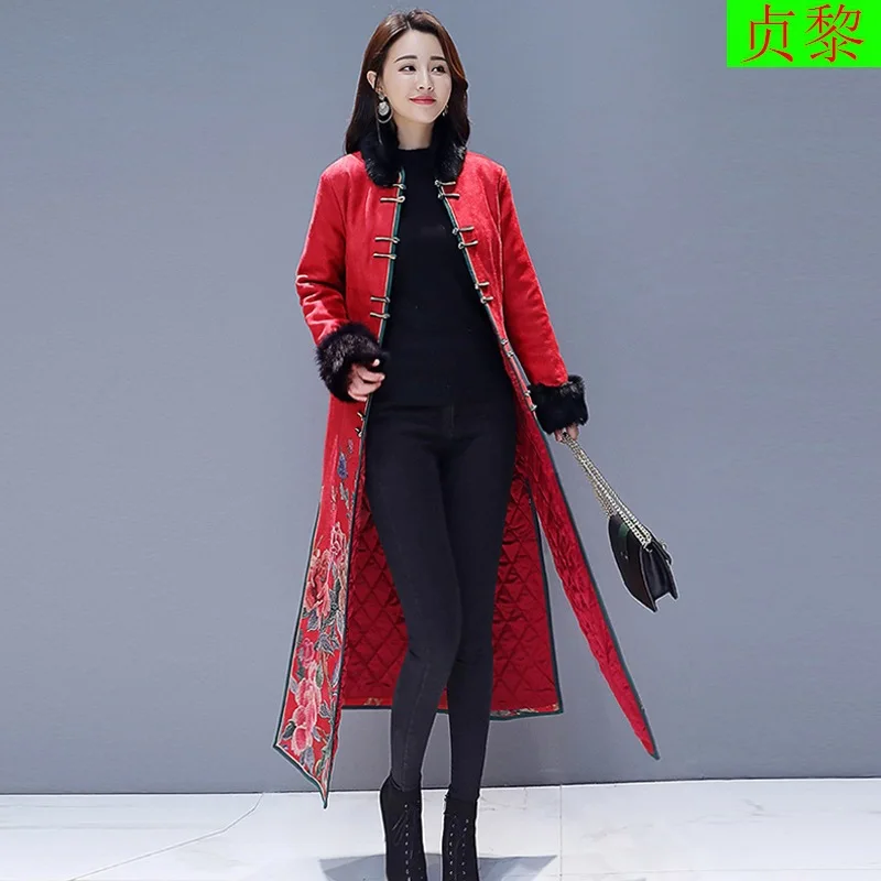 

Chinese-style Nation Retro 2018 Winter New Style Fashion Long over-the-Knee Thick down Feather Cotton-padded Clothes Cotton Coat