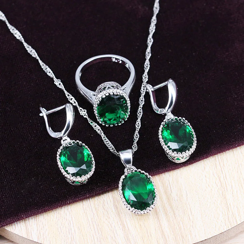 Серебро 925 Костюм ювелирное изделие с зеленым камнем свадебные комплекты ювелирных изделий для свадьбы ожерелье серьги циркония кольцо для женщин с кулоном