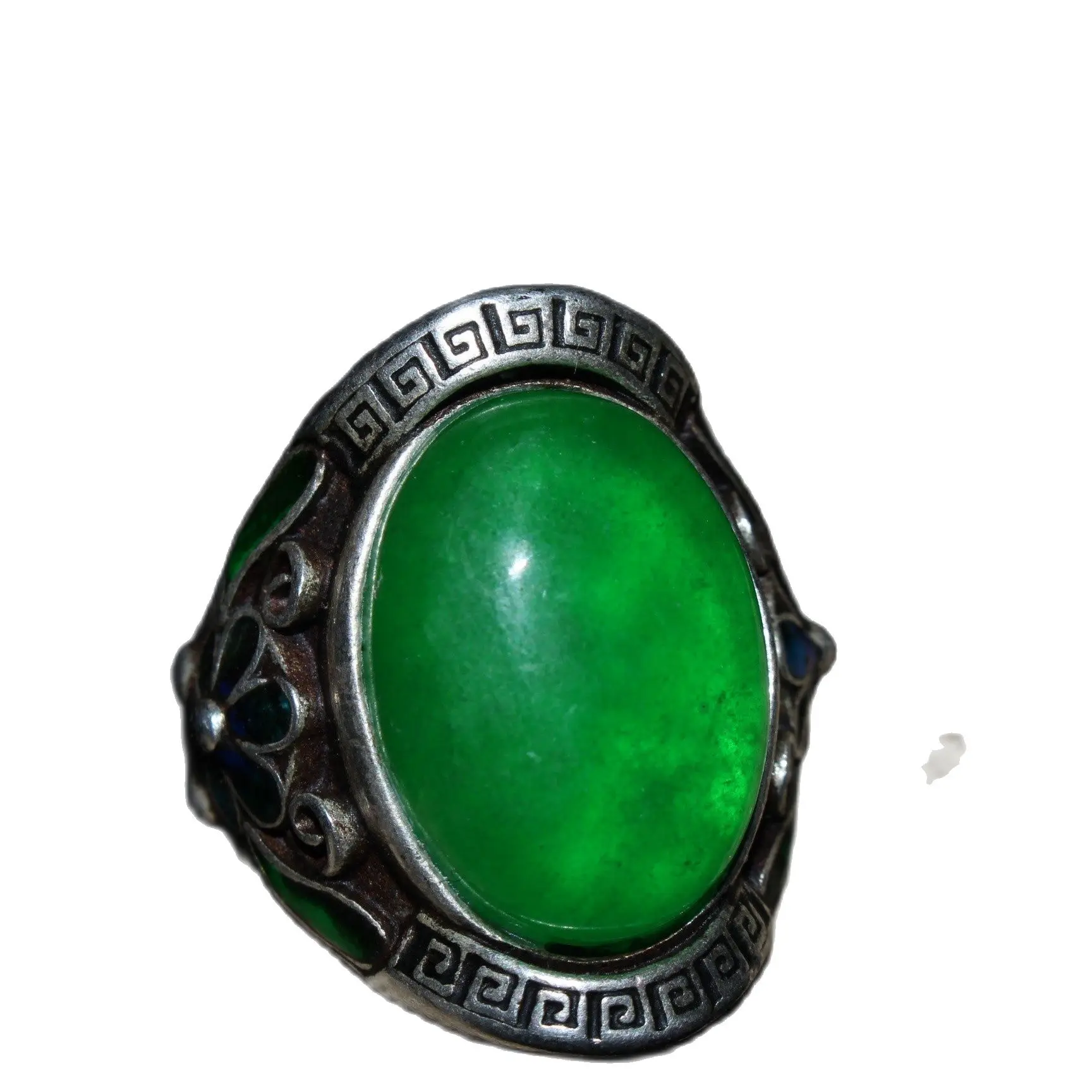 

Chinese old silver ring Cloisonne silk jade inlaid silver round ring men's silver ring