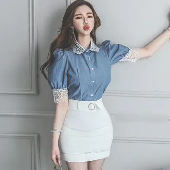 

2020 Korea Office Cloth OL Lace Patchwork Puff Sleeve Jeans Blouse Shirt Mini Bodycon Skirt Two Piece Casual Work Suit Dress