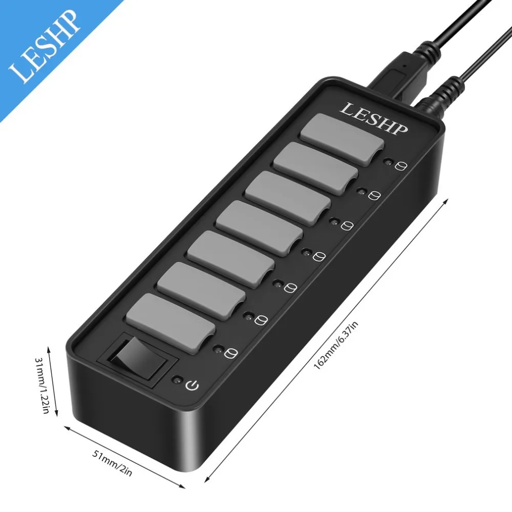 7 портов USB 3,0 концентратор Высокоскоростной 5 Гбит/с USB 3,0 концентратор данных сплиттер со светодиодами и переключателем внешний адаптер питания для ПК ноутбука
