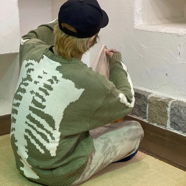 Kapital Green Loose Skeleton Bone Sweater Men Woman 1:1 Best Quality High  Street Damage Hole Vintage Casual Knitted Sweater - AliExpress