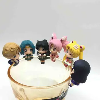 

6pcs/set Anime Cartoon Girl Soldier Sailor Moon Crystal Gashapon ChibiUsa Cup ornament Elastic Tea Decoration Action figure Toy