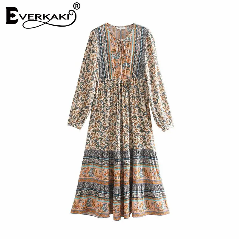 Blue Everkaki цветочный принт женское длинное платье Boho осень зима Цыганская Шея завязывается винтажные женские повседневные платья Maxi женские Новинка - Цвет: Blue