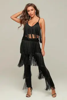 

High Quality Black Elegant Nihgt Club Fashion Strap Bodycon Women Banquet Tassel Sexy Two Pieces Set
