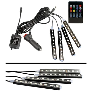 

Colored 9 LED 4 In 1 Interior RGB Atmosphere Lights Dash Floor Foot Strip Lights Sound Remote Control Decorative Lamp