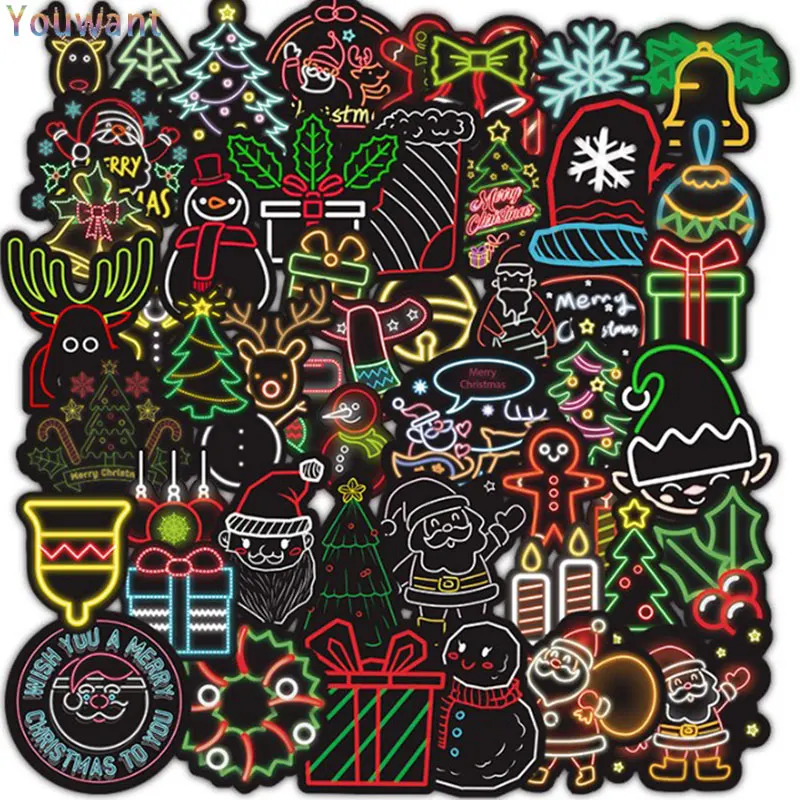 

50 PCS Neon Style Christmas Sticker Gifts for Children Cute Decals Stickers to Laptop Bicycle Car Fridge Suitcase Toy Sticker