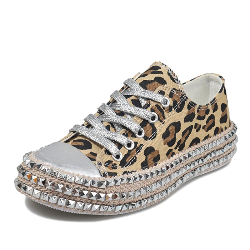 

Rivet Women Canvas Shoes Punk Style Fashion Sneakers Women Leopard Espadrilles Vulcanized Shoes Female