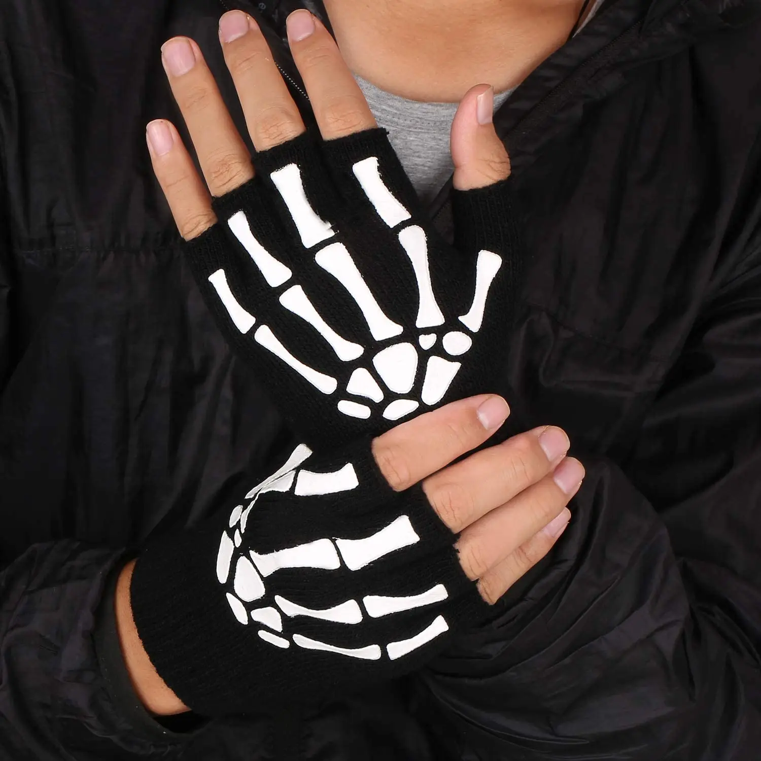 Unisex Adult Halloween Skeleton Skull Half Finger Gloves Glow In The Dark Fingerless Stretch Knitted Winter Mittens