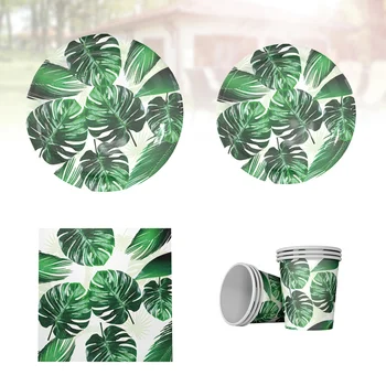 

28pcs Disposable Tableware Set Monstera Leaf Paper Plates Party Supplies Paper Cup Napkins Tableware for Summer