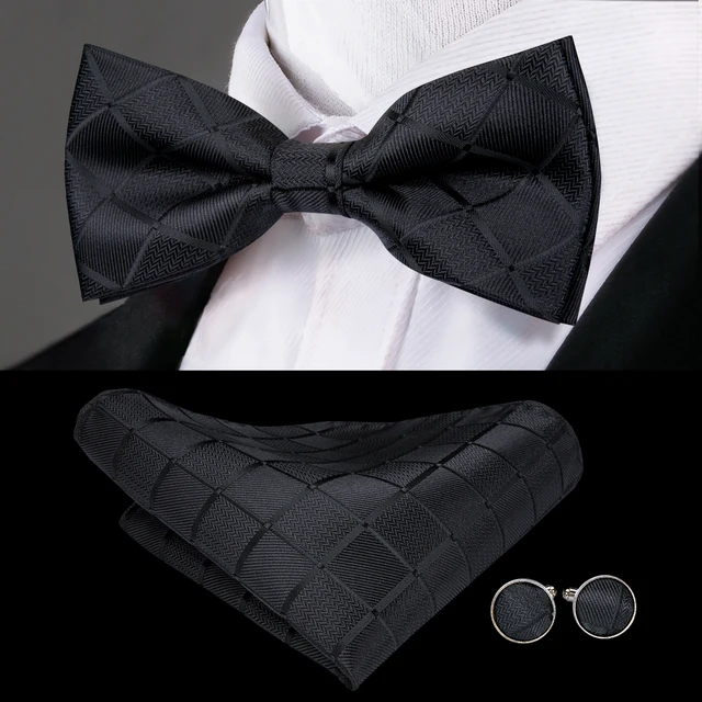 Hi-Tie Classic Black Bow Ties for Men 100% Silk Butterfly Pre-Tied Bow Tie Pocket Square Cufflinks Suit Set Floral Gold Bowties LH-776