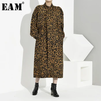

[EAM] Women Leopard Print Oversize Hit Color Trench Stand Long Sleeve Loose Fit Windbreaker Fashion Spring Autumn 2020 1B9350