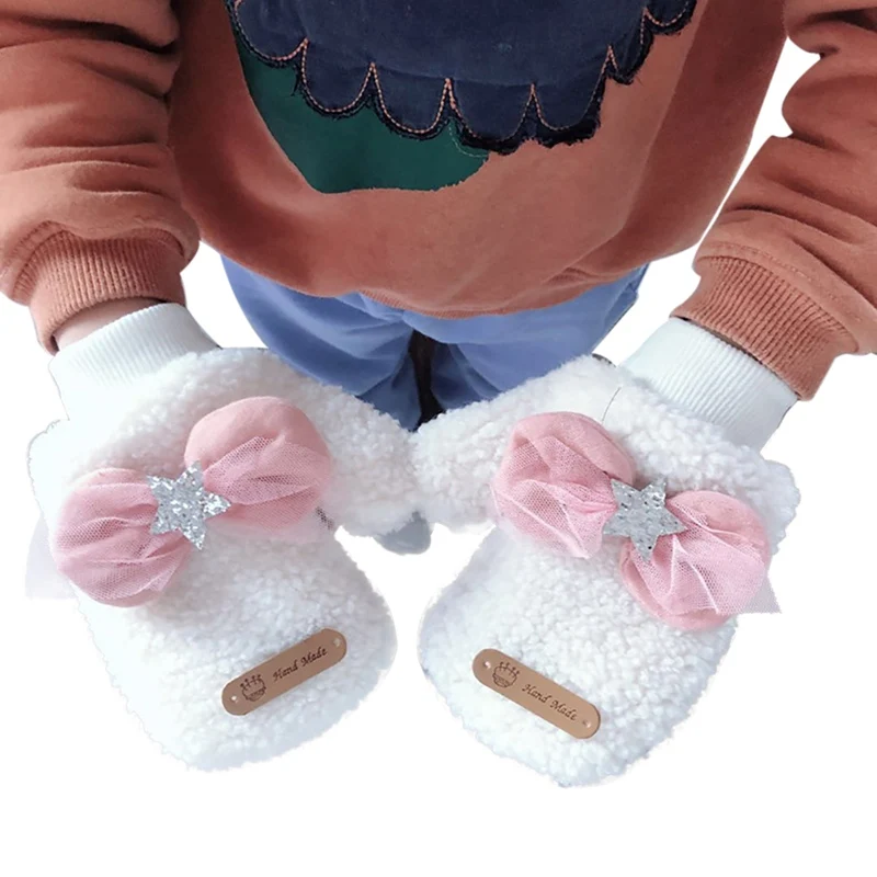 Перчатки для малышей, утепленные перчатки для мальчиков и девочек, зимние теплые вязаные варежки, перчатки с бантиком - Цвет: W