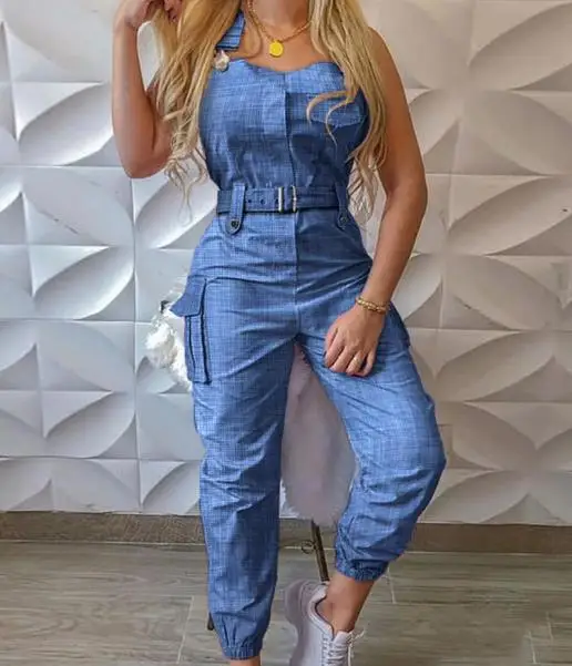 

Summer Women Solid Jumpsuit Sleeveless Straps Bib Overalls Elegant Belted Party/Office/Holiday Leisure Dungarees Pants style-3