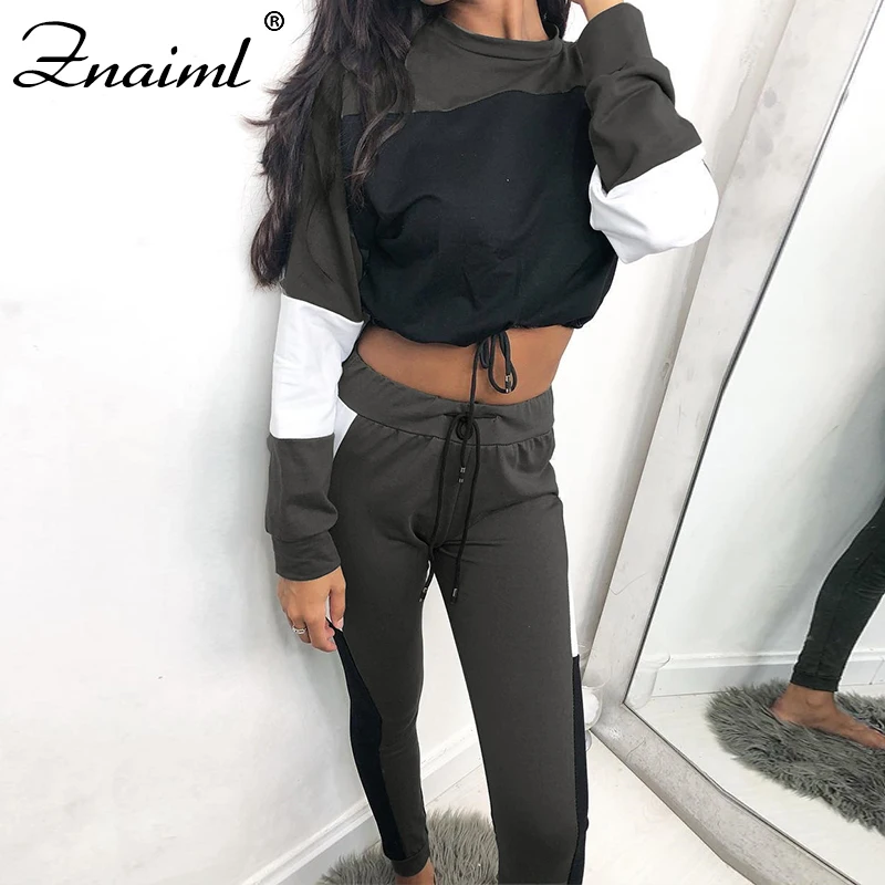 

Women's Casual Patchwork 2 Piece Set Long Sleeved Umbilical Top+Trousers Stitching Contrast Color Drawstring Fitness Runnin Suit