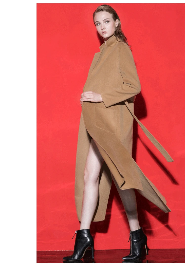 Зимнее женское пальто, высококачественное однотонное двухстороннее кашемировое пальто, тонкое кружевное комбинированное шерстяное пальто, Женское пальто большого размера - Цвет: CAMEL
