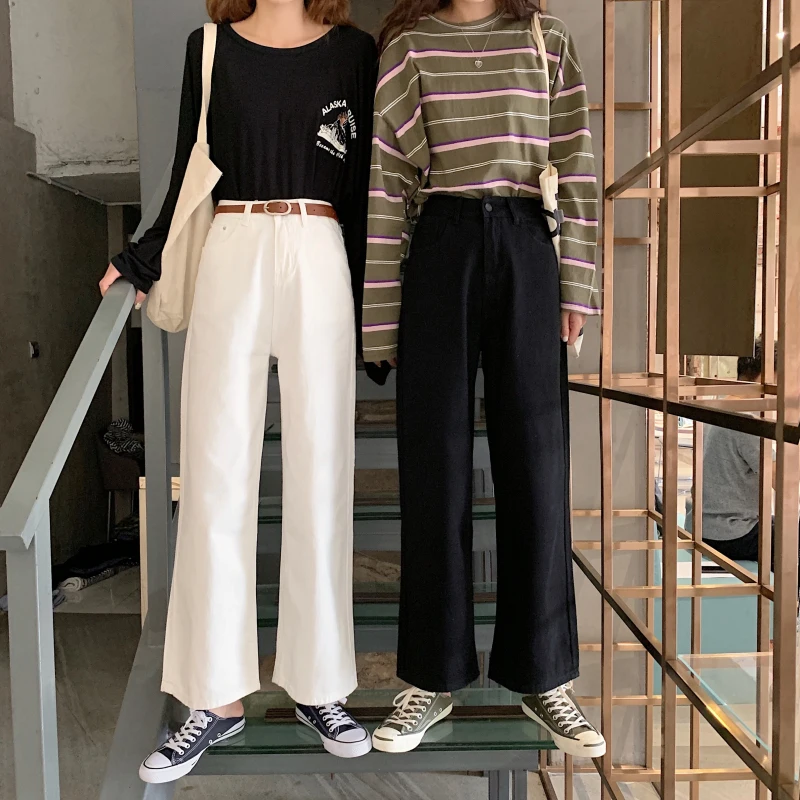 Женские джинсы с высокой талией, корейский стиль, Harajuku, джинсовые, одноцветные, с карманами, прямые, для студентов, белые, черные, подходят ко всему, длинные, для женщин, s