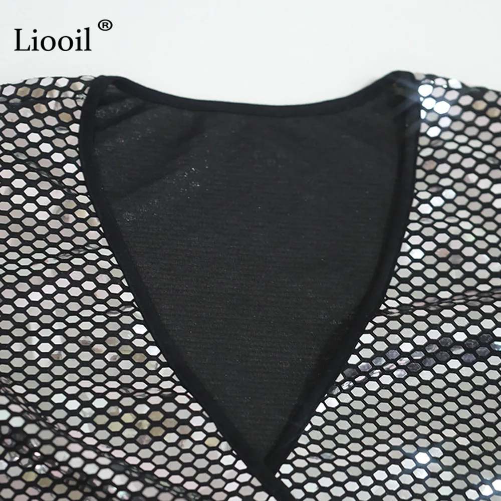 Liooil, Асимметричное мини-платье с блестками, сексуальная клубная одежда, наряды с длинным рукавом, v-образный вырез, пояс, золотые, серебряные, короткие платья для женщин, вечерние платья