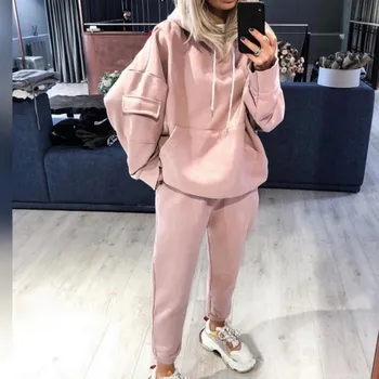 

WENYUJH Solid Casual Hooded Two Pieces Set Women Long Sleeve Loose Hoodies Sweatshirt Pants Tracksuit Outfit 2020 Autumn Winter