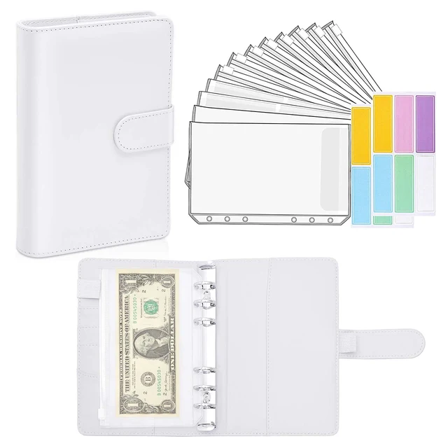 15 Pieces Binder Budget Planner Cash Envelope Binder with Budget Envelopes A6 Binder Pockets Cash Envelope Wallet for Budgeting White-14pcs