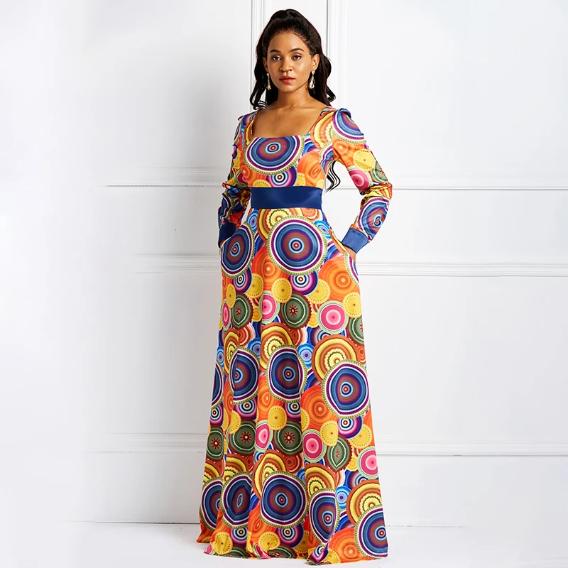 

Sisjuly Women Elegant Maxi Dress Sexy A Line Robe Big Swing Geometric Color Block Print Casual High Waist Ladies Party Dresses