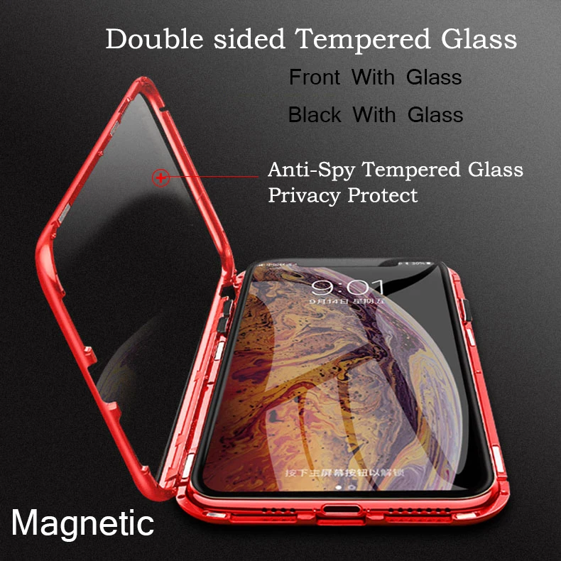

New Metal Magnetic Tempered Glass Privacy Phone Case for Magnet Protective Cover For Iphone XR XS MAX X 8 7 Plus