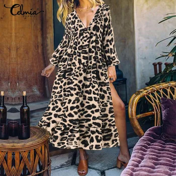 

Plus Size Sundress Celmia Women Leopard Print Long Maxi Dress Female V neck Long Sleeve Casual Party Vestidos Sexy Split Dresses