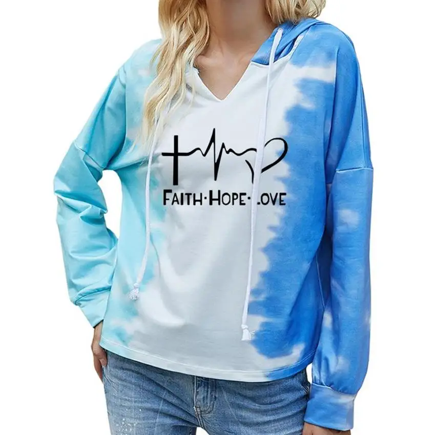 Women Plus Size Tie-Dye Hooded Long Sleeve Sweatshirt Hoodies For Women Faith Hope Love Letters Print Oversize Ladies Pullovers