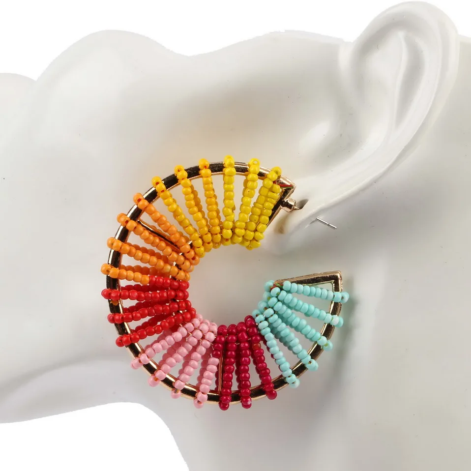 

Florosy Gold Color Metal Fashion Multicolor Round Bead Hoop Drop Earrings for Women Bohemian C Shape Statement Dangle Earrings