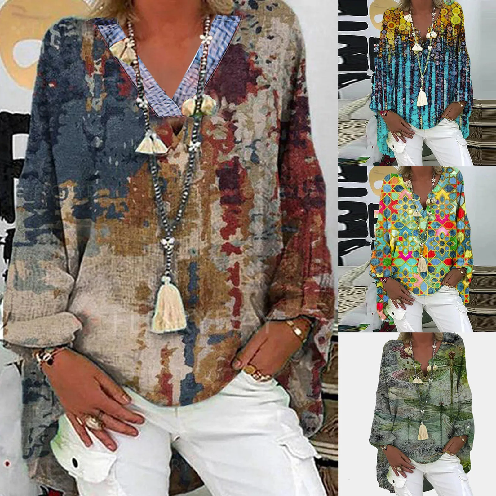 @ Винтаж Цветочный принт с длинным рукавом Блузка рубашка 2021 Весенняя мода V