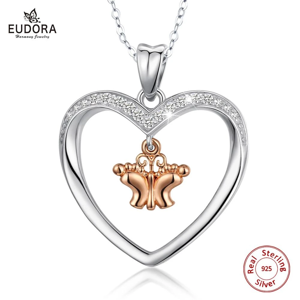 Eudora 925 Argent Sterling Coeur Collier Or Rose Bebe Empreinte Collier Mere Cadeaux D Anniversaire D590 Aliexpress