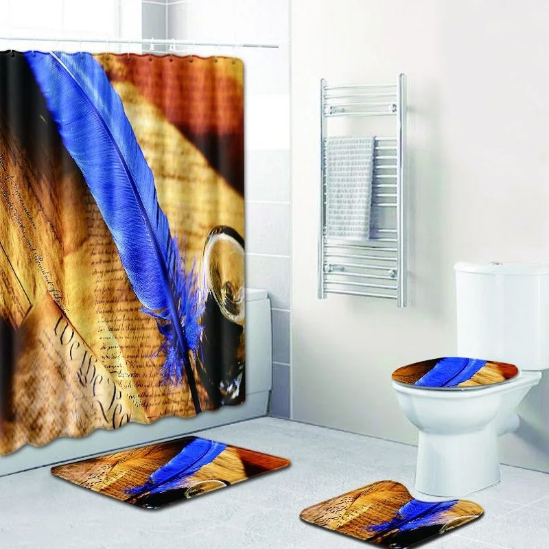 Набор водонепроницаемых занавесок для ванной комнаты с рисунком перьев, набор ковриков с крышкой, ковриков для унитаза, набор ковриков для ванной