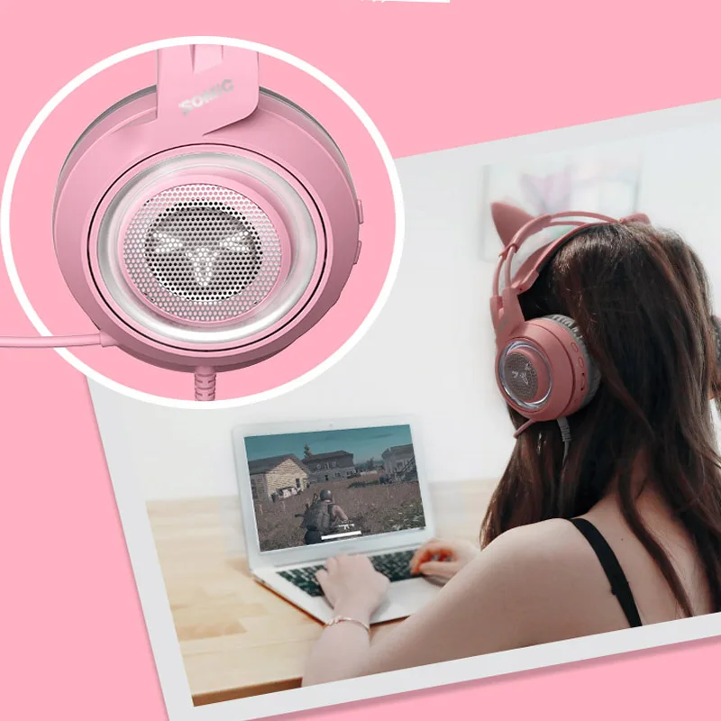  SOMIC G951 USB Gaming Headphone Virtual 7.1 Noise Cancelling Pink Cat Headphones Vibration LED USB 