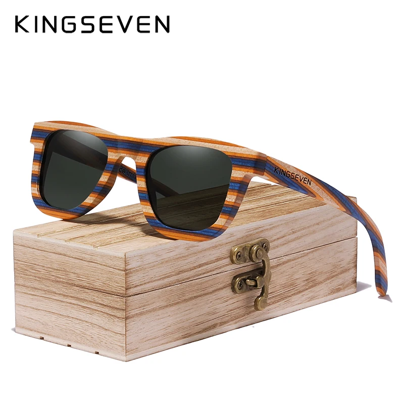 KINGSEVEN, ручной работы, дизайн, солнцезащитные очки, цветные, деревянные, полная оправа, женские, Роскошные, брендовые, мужские очки, Oculos de sol - Цвет линз: Black