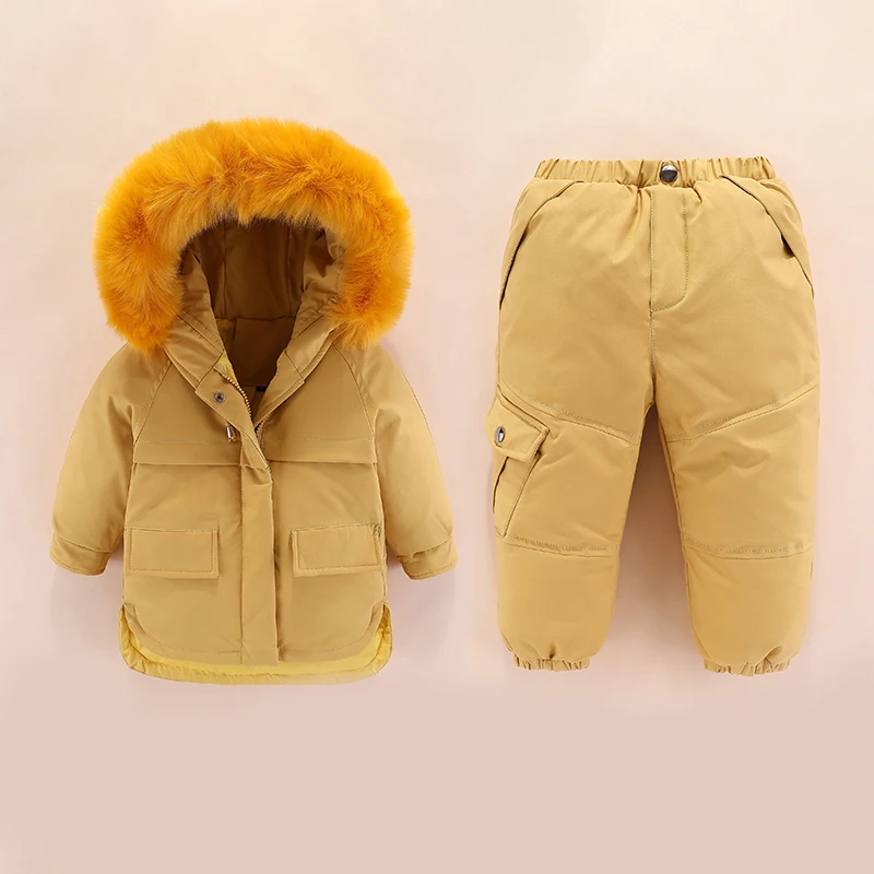 Baby Girls-30 Degrees Winter Warm Down Ski Sets Baby Kids Thickening Down Snowsuits Baby Boys Natural Fur Down Jacket+Pant