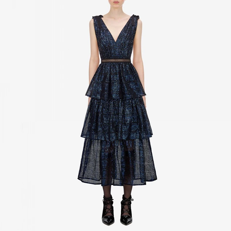 Автопортрет 2019 осень новое винтажное синее Каскадное платье миди с оборками