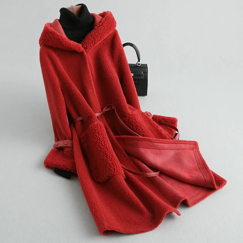 AYUNSUE пальто из натурального меха Женское зимнее пальто из овечьей шерсти женское корейское длинное шерстяное пальто женская одежда KQN59455 YY1587 - Цвет: Red