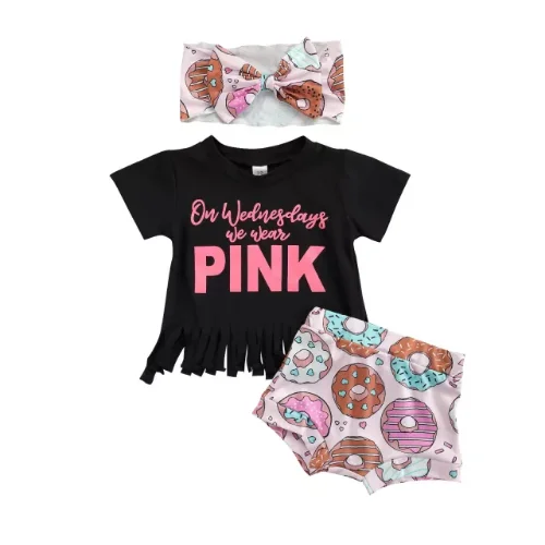 

Infant Baby Girl Outfits Set Letter Print Tassel T-Shirts Top Donuts Elastic Waist Shorts Bowknot Headband Summer Clothes Set