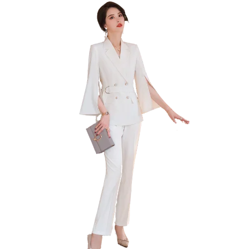 Office Ladies Black White Pink Formal Pant Suits for Women Double